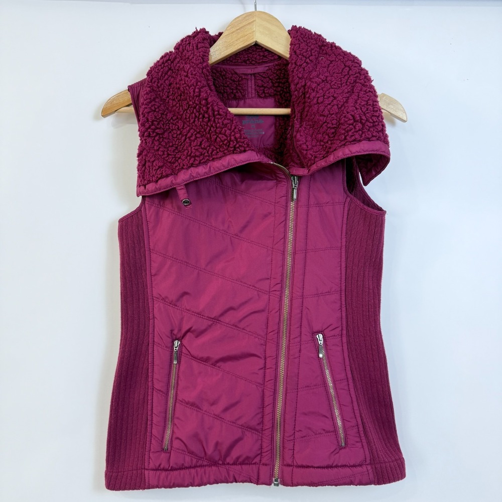 Prana Diva Quilted Vest XS Maroon Red Sherpa Lined Asymmetrical Zip Ribbed Sides